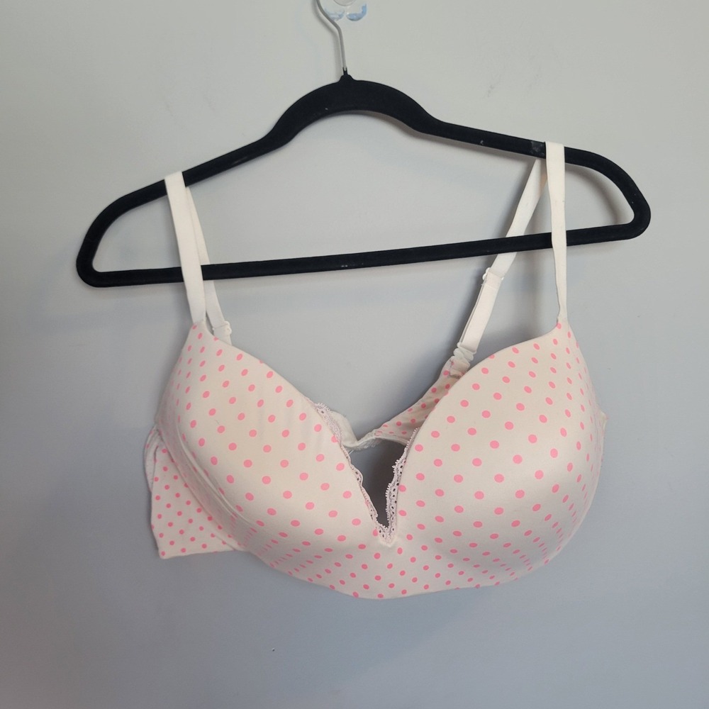 Victoria's Secret Plunge Bra 38D White Pink Polka Dot Wireless Lace Trim